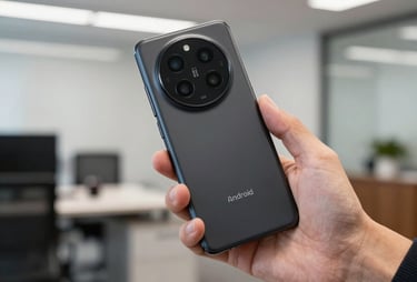 A close-up of a person's hand holding a high-end Android phone against a blurred background of a North American office. The focus is on the premium, professional feel of the hardware.