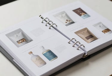 A close-up shot of an industrial designer's portfolio binder with clean, professional layouts of packaging designs. The binder is silver-gray, on an off-white table.