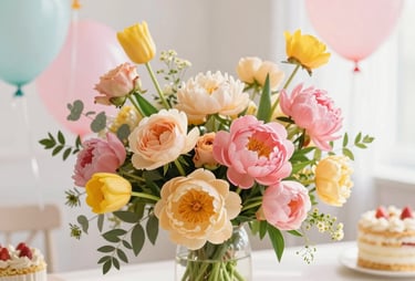 A soft pastel-colored bouquet arranged elegantly on a light background.