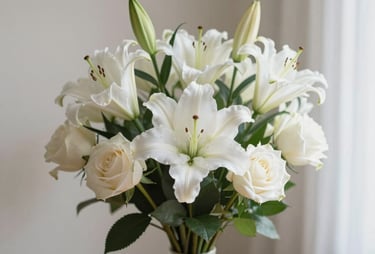 A soft pastel-colored bouquet arranged elegantly on a light background.