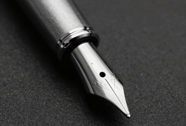 A macro shot of a fountain pen nib on black paper. Precise metalwork, professional and authoritative feel. Monochrome lighting.