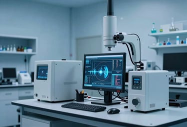 Clean, high-resolution photograph of a North American tech lab with sky blue lighting and high-tech equipment, symbolizing research and innovation.