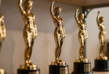 Close-up of an awards shelf in a professional studio, with statues reflecting warm ambient light. Represents industry recognition and trust.