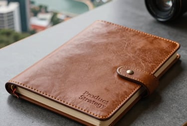 A close-up of a high-quality leather notebook with 'Product Strategy' embossed on it, lying on a modern desk with a South American city view. Professional lighting.