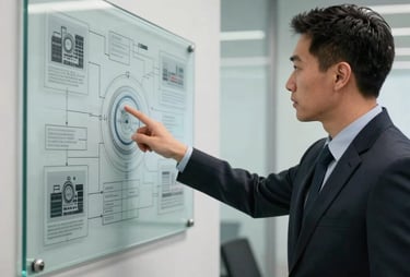 A focused, professional security consultant pointing at a technical diagram on a wall-mounted glass board. The setting is a clean, modern North American conference room.