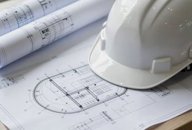 A high-resolution photograph of a set of blueprints and a professional engineer's helmet on a desk.