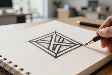 Close-up of a high-quality sketchbook with a hand-drawn geometric logo in a bright, modern North American studio space with soft natural light.