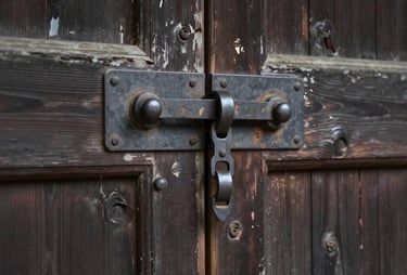 Close-up of an old, weathered wooden door in a Japanese temple. Detail of the metal latch and the texture of the dark wood. Muted charcoal tones.