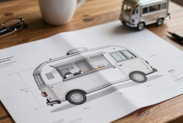 A close-up photograph of architectural plans for a customized food trailer spread out on a wooden table, next to a warm cup of coffee, cozy professional mood.