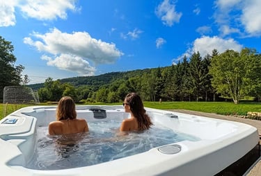Soak in serenity with this private hot tub overlooking the stunning Catskill Mountains.