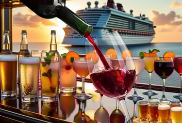 Bar elegante no deck do navio com vinhos, coquetéis e destilados