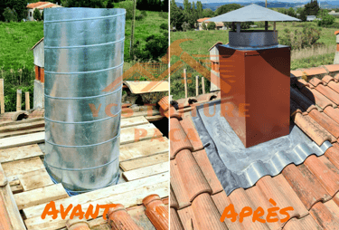 Abergement de cheminée en zinc sur tuiles canal.