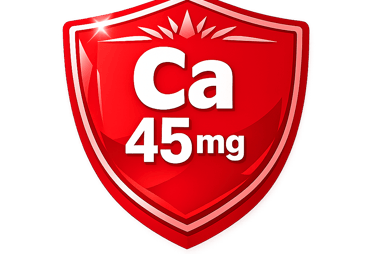 A red glossy shield icon displaying 45mg of Calcium (Ca) for health supplement branding.