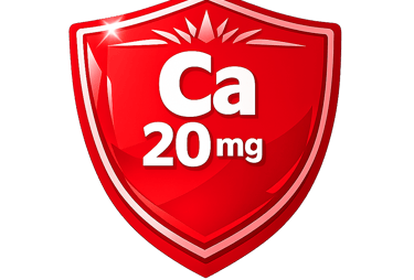 Red glossy shield icon showing 20mg of Calcium (Ca) mineral supplement for bone health protection.