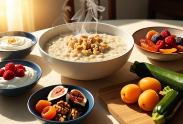 Bowls of oatmeal topped with fresh fruit and nuts, using Food Storage in THM Meals.