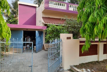 Modern purple two-story house with a blue metal gate and lush green tropical trees.