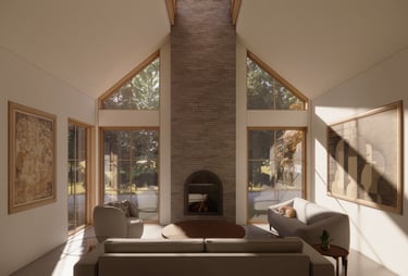 Modern rustic living room with a tall stone fireplace, vaulted ceilings, and large windows.