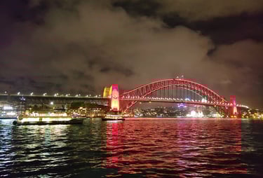 The Sydney Harbor Bridge in Australia lights up at night
