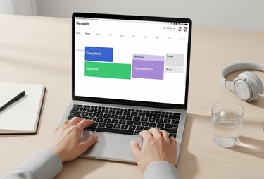 A minimalist workspace with a laptop displaying a color-coded scheduling interface.