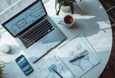Email automation workflow on laptop screen with analytics and coffee on desk