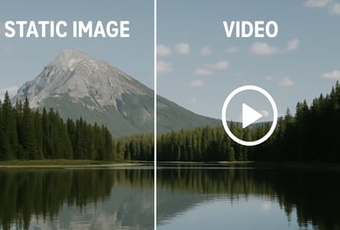 A graphic or split screen showing a static image turning into a short video clip