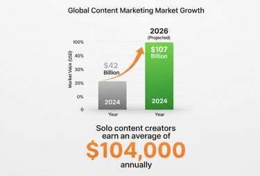 Infographic chart showing the content marketing market growth and average solo creator income.
