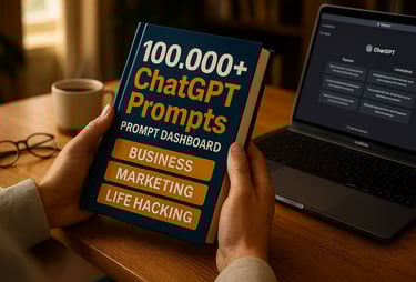 A person's hands holding a book titled "100,000+ ChatGPT Prompts" on a desk with a laptop.