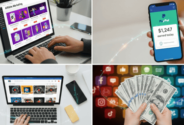 A split-screen of  four different online income streams, including affiliate market and social media
