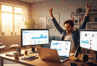 A man celebrates in a home office with confetti while looking at a laptop showing charts.