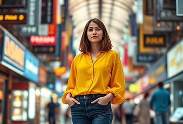 Woman standing out in a vibrant digital marketplace