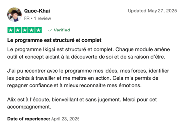 Avis 5 étoiles Trustpilot de Quoc-Khai sur le programme Ikigai s'éveiller à sa raison d'être