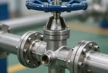 A clean close-up shot of a stainless steel backflow prevention assembly valve installed on an industrial water riser pipe, professional commercial setting.