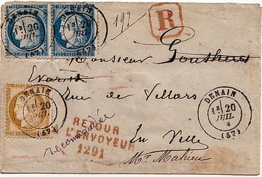 1876: Lettre de et pour DENAIN envoyée en recommandé.
