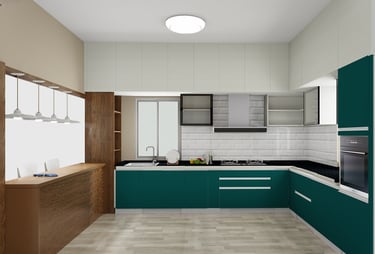 Modern L-shaped kitchen featuring teal cabinets, white subway tile backsplash, and wooden accents.