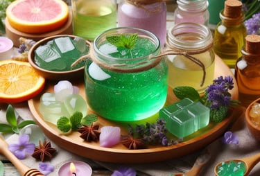 a green jelly in a glass jar with other jellies and botanicals around it