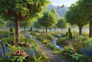 different fruit trees with herbs and flowers
