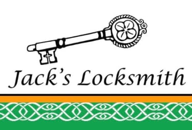Illustration of a skeleton key with a clover and cross on it. Logo for Jack's Locksmith with celtic knot, orange and green
