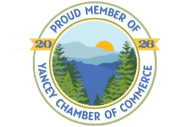 Yancey Chamber of Commerce 2026 Proud Member badge with Blue Ridge Mountain sunrise illustration