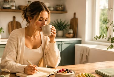 Woman enjoying a healthy breakfast and journaling during a calm morning routine to reduce stress.