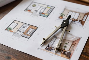 Architectural plans and interior design sketches laid out on a dark wooden table with a professional drafting compass. South Asian / Indian design context.