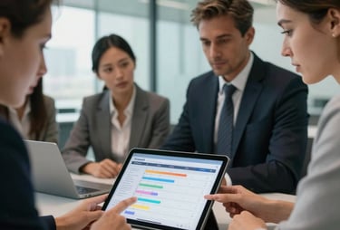 A close-up of a diverse group of corporate professionals reviewing a complex project timeline on a tablet in a modern glass-walled conference room.