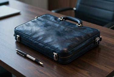 A close-up shot of a high-quality leather briefcase and a professional fountain pen on a dark wood desk in a contemporary South American / Brazilian executive office, moody lighting with hints of dark slate blue and muted steel blue.