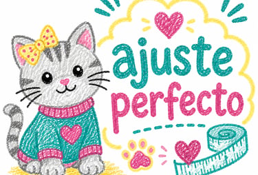 Dibujo con crayón de un lindo gato gris con un suéter que tiene el texto en español 'ajuste perfecto