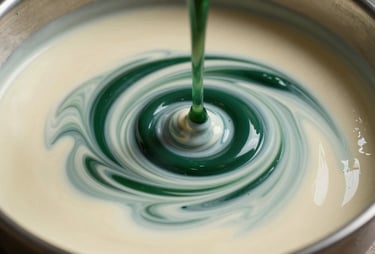 Macro shot of liquid resin being mixed, showing beautiful swirls of Almond White and Deep Green before it sets.