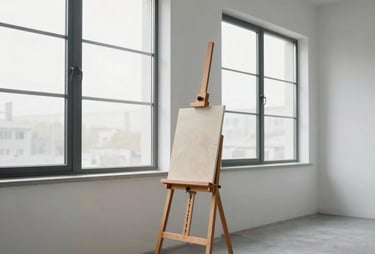 A minimalist art studio view with large windows and white walls, a single easel standing, calm and professional environment, International / Western.