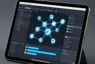 Clean studio photography of a high-resolution tablet screen showing complex node-based software (ComfyUI), glowing with ice blue light, North American / US.