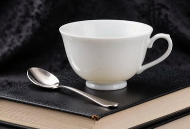 A still life photograph of a bone white tea cup sitting on a stack of black leather books, with a silver spoon and a dark velvet background in North American / US style.