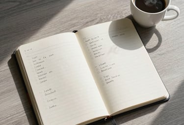A top-down view of an open notebook with neatly written plans and a steaming cup of coffee. The desk is a light ash gray wood. North American morning light.