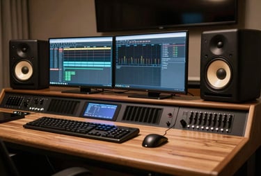 Wide shot of a modern music production desk with two monitors and studio speakers, warm deep espresso and pearl cream lighting.