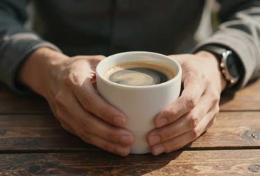 Detailed close-up of hands holding a warm coffee cup at an outdoor wooden table, bathed in soft afternoon sun, storytelling style.